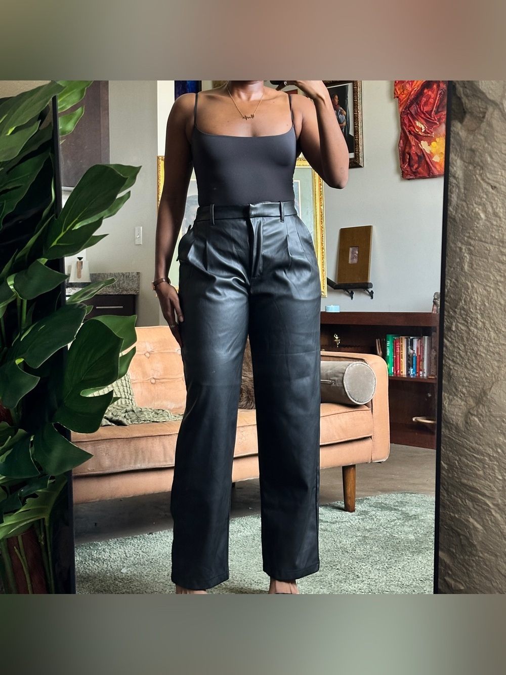 Black Faux Leather High Waist Pleated Straight Leg Tailored Trousers Office, M